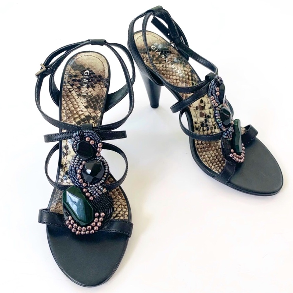 Gianni Bini Stone and Bead Strappy Heel Leather Sandals 8.5